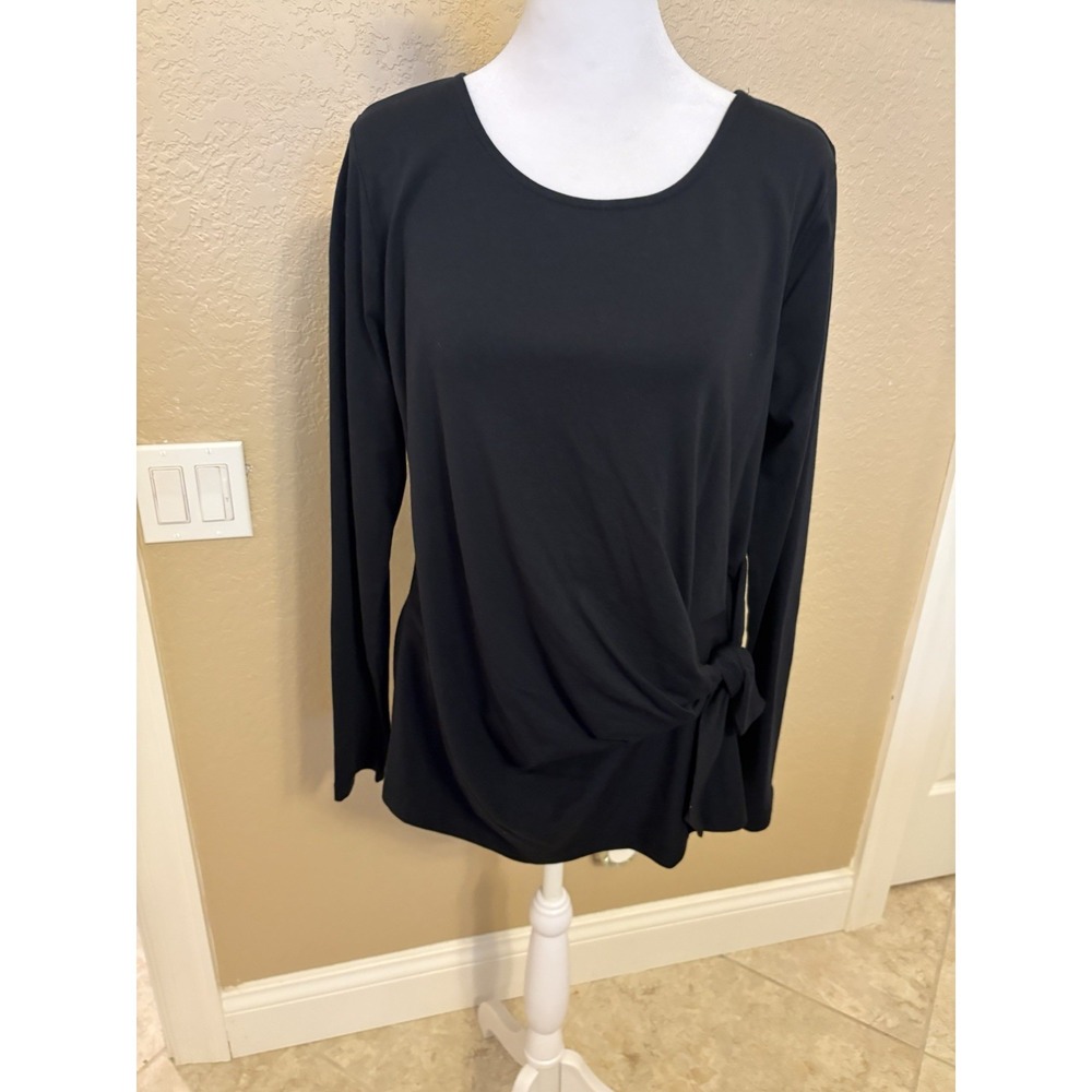 Lands End Women's Black Long Sleeve Faux Wrap Side Tie Top, Medium